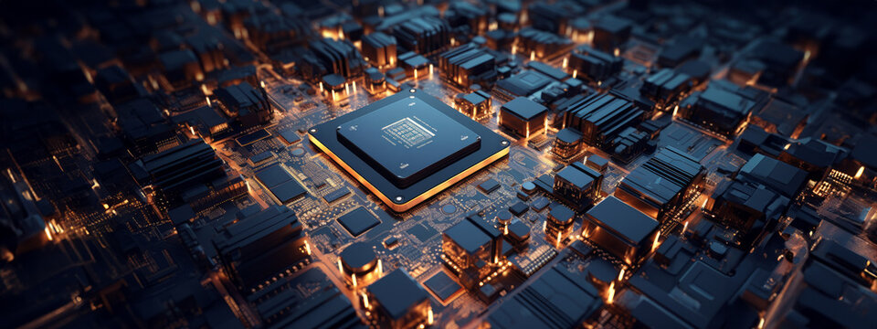 3D Rendering of Chipset CPU on laptop mainboard. For technology, software development, coding, Hi-tech background