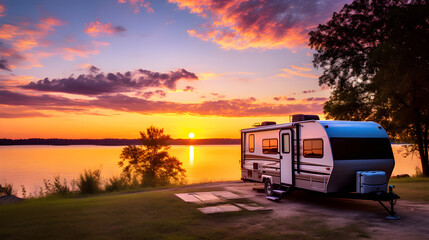 Recreational vehicles camping bus Park for Spectacular Sunset Scene the river in the evening.