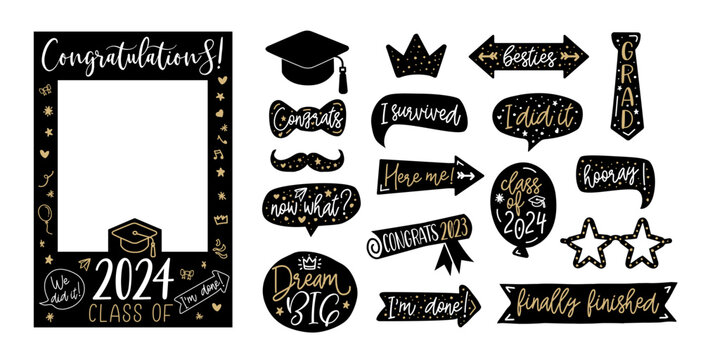 Graduation party photo booth set. Props with Class of 2024. Graduate photo booth frame. Selfie frame. DIY kit for graduation party. Decorations party supplies. Gold and black vector illustration.