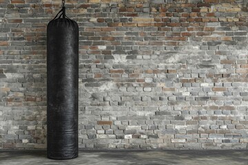 Black sandbag against grungy brick wall with empty area