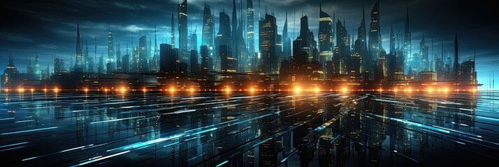Cybernetic skyline with light beams, reflecting a high-tech urban metropolis.
