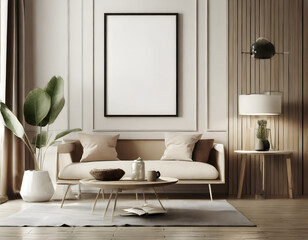 mock up poster frame in modern interior background, living room, Scandinavian style. Generative AI.
