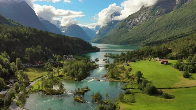 Beautiful Nature Norway natural landscape. Aerial footage lovatnet lake Lodal valley.