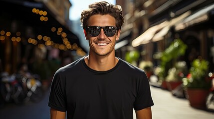 Fototapeta premium Smiling confident man in sunglasses on an urban street with bokeh lights.