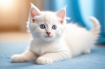 A cute white fluffy kitten with blue eyes lies on a blue rug on a blue background