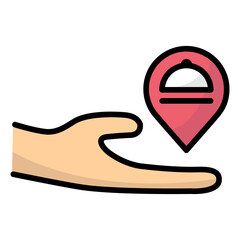 Restaurant location icon. Delicious food location icon. Hand presents the location of the restaurant.