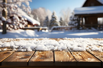 Empty brown wooden floor or table. White snow falling in middle of village, mountains with trees blur background. Realistic color clipart template pattern.	