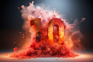 Character Number 10 (ten) with particles on abstract background. The number ten emerges from red dust on a black, grey background. Realistic clipart template pattern. 