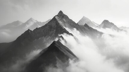 Mountain peaks, misty atmosphere, drone capture, telephoto lens, dawn, majestic, high-contrast monochrome film