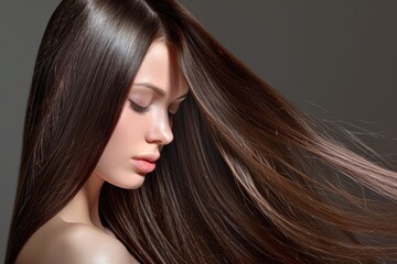 Fototapeta premium Gorgeous model with sleek long shiny brown hair Keratin treatment care and spa for a sleek style