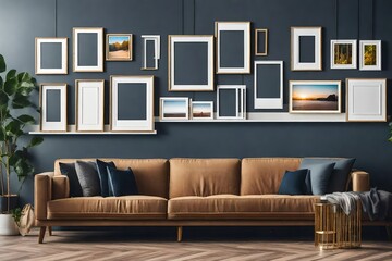 mockup frame of different size behind the brown sofa