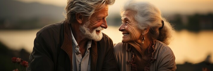 Obraz premium An elderly couple shares a tender moment at sunset, overlooking a tranquil water body.