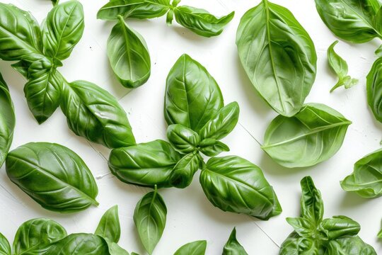 Flat lay of isolated basil leaf on white background with full depth of field