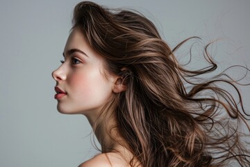 Silky smooth hair blowing in the wind a cheerful brown haired girl with an attractive side view on a light gray background