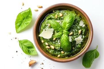 Bowl of homemade Italian pesto sauce made with basil garlic pine seeds olives and pecorino sardo cheese