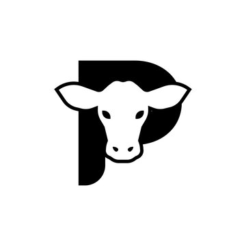 initil letter p cow logo neagtive space