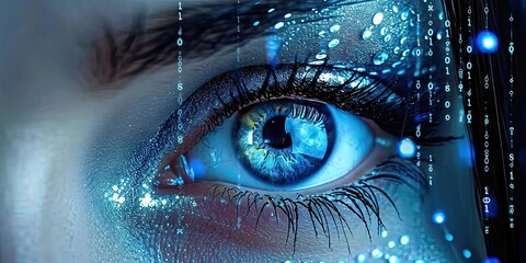 Beauty of woman eyes emphasizing captivating blue hue and intricate details. Speaks to allure of close up portraits focus on eye highlighting elements like perfectly shaped eyebrows