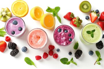 Various fresh fruit smoothies isolated on white background seen from above