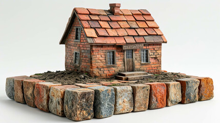 Naklejka premium Miniature house with blue roof on a pile of stones on a white background