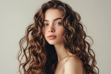 Naklejka premium Beautiful woman with long healthy and shiny curly hair having a wavy hairstyle displaying care and beauty