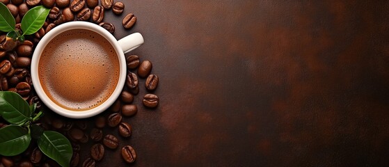White cup of coffee and grains with leaves, top view banner with copy space