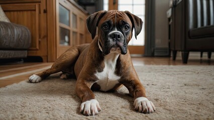 Brindle boxer in the living room
