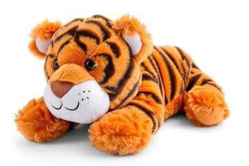 Tiger plushie doll on white background with shadow reflection Playful brown puppy toy Fluffy toy for children Cute plaything for kids