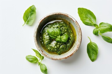 Green pesto sauce in ceramic cup from a top view isolated on a white background
