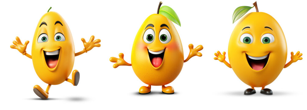3D happy funny mango character on white background