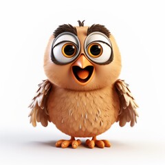 3D happy funny owl character on white backdrop