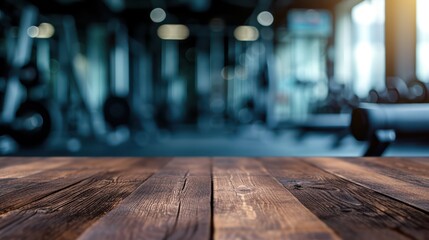 Empty wood table and blurred fitness gym background, product display montage