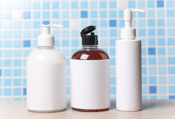 Bottles of liquid soap in the bathroom