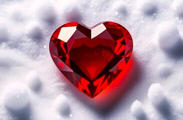 red heart-shaped gemstone in sparkling snow. concept: Valentines day, be my Valentine, love, luxury, winter holiday, love in winter