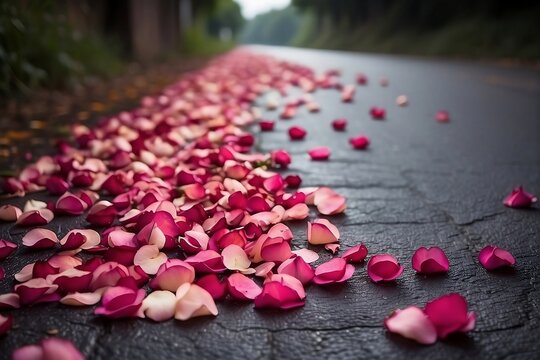Spreading rose perals along with the rainy road in romantic background