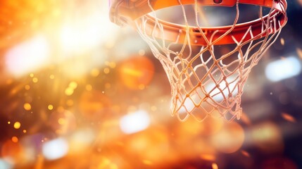 basketball professional scoring ball over the hoop at stadium shot in dynamic active macro closeup with particles and bokeh, sports success concept copy space banner - obrazy, fototapety, plakaty
