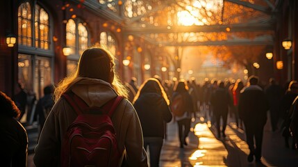Obraz premium A woman walking down a sunlit city street crowded with people, in autumn.
