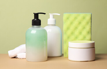 Bath products on green background