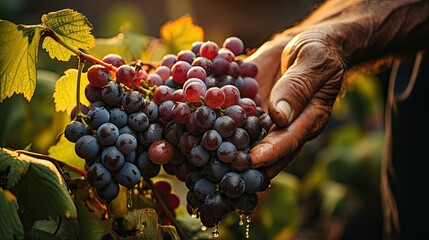Sun-kissed hands carefully holding a bunch of freshly harvested grapes.