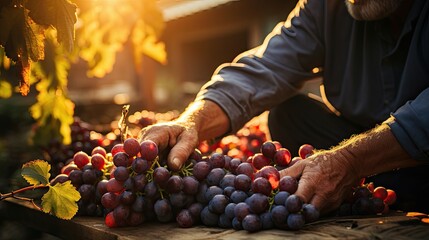 Hands sorting through clusters of ripe grapes during harvest in golden sunlight. - obrazy, fototapety, plakaty
