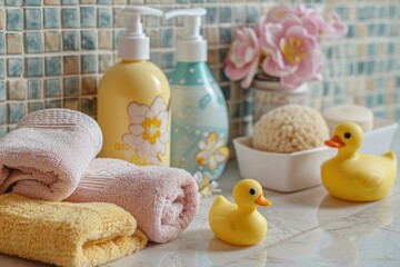 Bathing essentials on a tabletop with tile backdrop shampoo shower gel duck toys and a towel