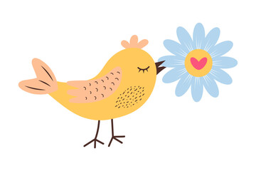Cute yellow bird holding daisy with heart in its beak. Love parcel. Delivery concept. Valentine's day romantic clipart.