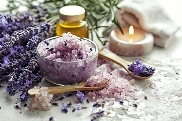 Fototapeta na wymiar Spa set with natural lavender scrub on a white texture background for body care including sugar peeling scrub with argan oil and Himalayan salt
