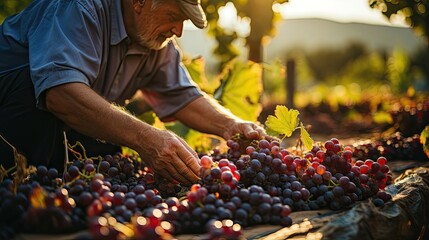 A winemaker in a hat inspects a selection of freshly harvested grapes at sunset.