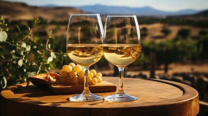 Two glasses of white wine on a wooden barrel with a vineyard view in the background.