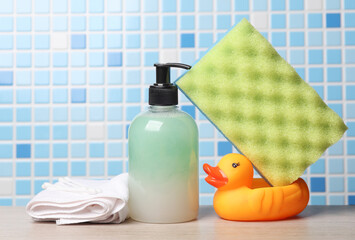 Bath accessories with rubber duck in the bathroom