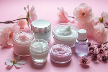 Cosmetic products displayed on pink background