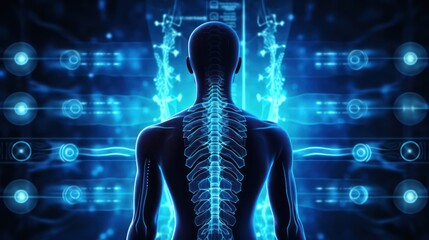 futuristic medical research of back spine back, spine, herniated disk pain health care with diagnosis vitals infographic biometrics for clinical and hospital x-ray and chiropractic treatment services - obrazy, fototapety, plakaty