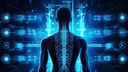 Foto op Plexiglas futuristic medical research of back spine back, spine, herniated disk pain health care with diagnosis vitals infographic biometrics for clinical and hospital x-ray and chiropractic treatment services © ANStudio