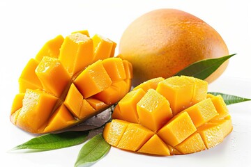 Half of a sliced mango with leafy air on a white background