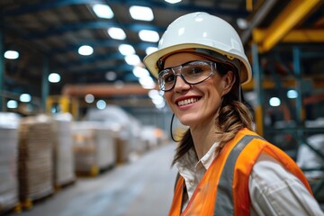 Obraz premium A proud smiling 40-year-old female boss in a warehouse or modern logistical facility